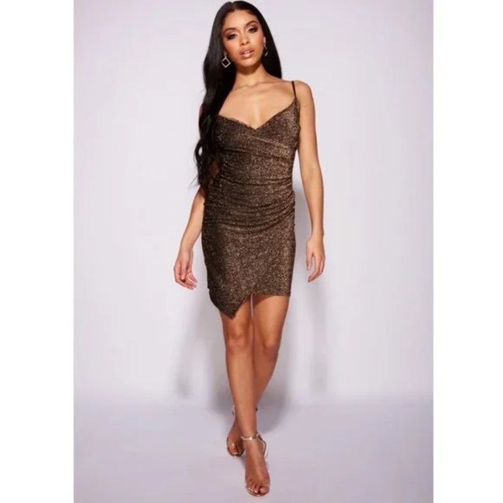 Metallic Glitter Sleeveless V-Neck Ruched Wrap Bodycon Mini Dress - Picture 2 of 13